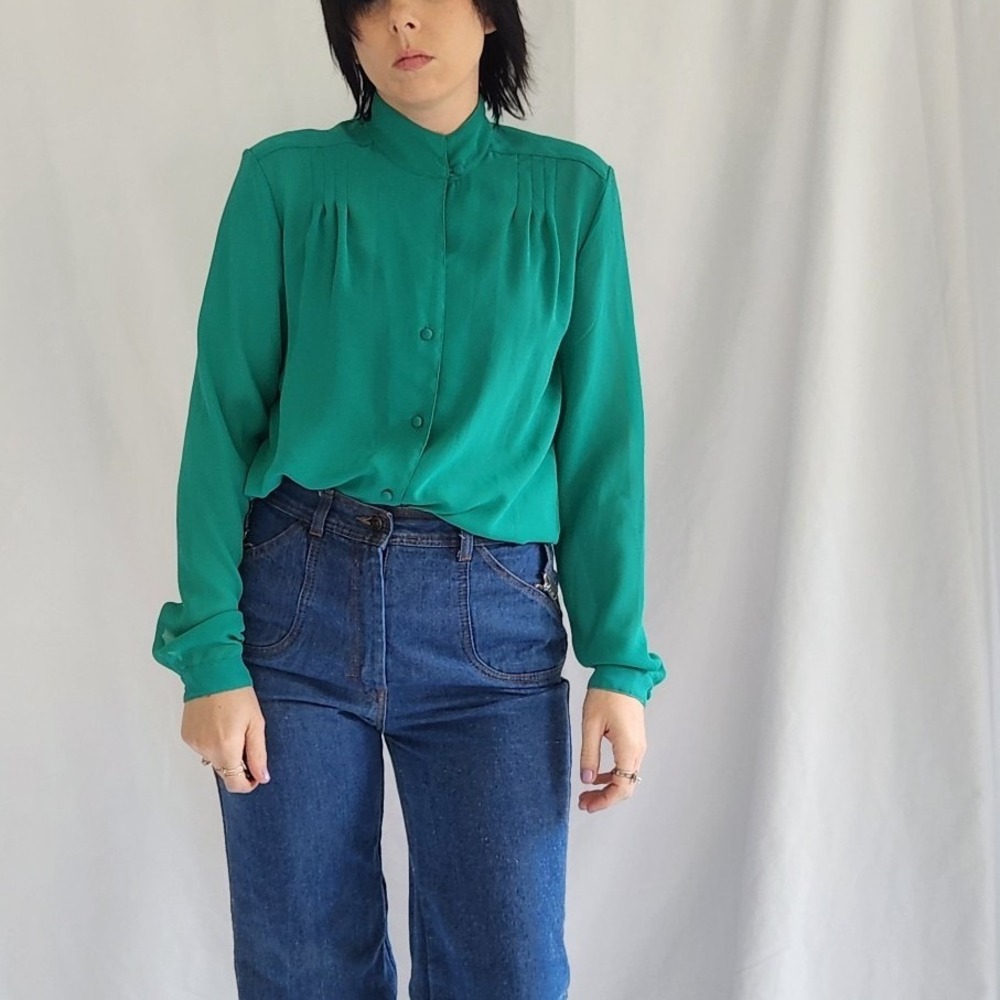 70s Green Button Down Blouse‎
